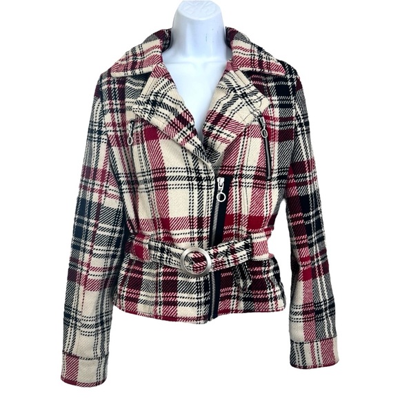 Express Y2K Red White Black Plaid Wool Blend Jacket M Belted Preppy Clueless - Picture 1 of 11